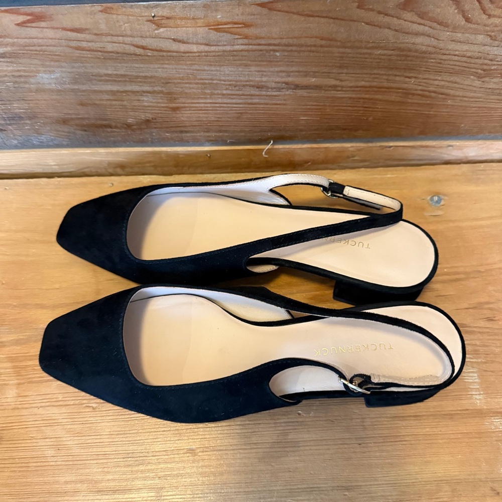 Tuckernuck Black Suede Square Toe Slingback Flats